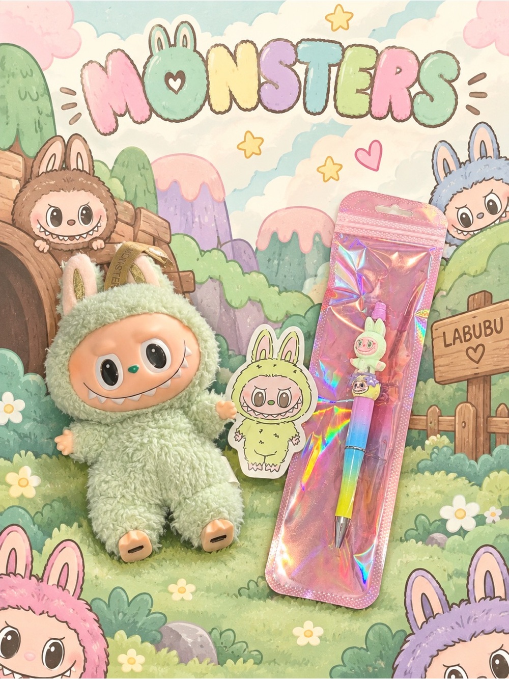 The monsters Green Plush Monster Doll with Rainbow Pen Set